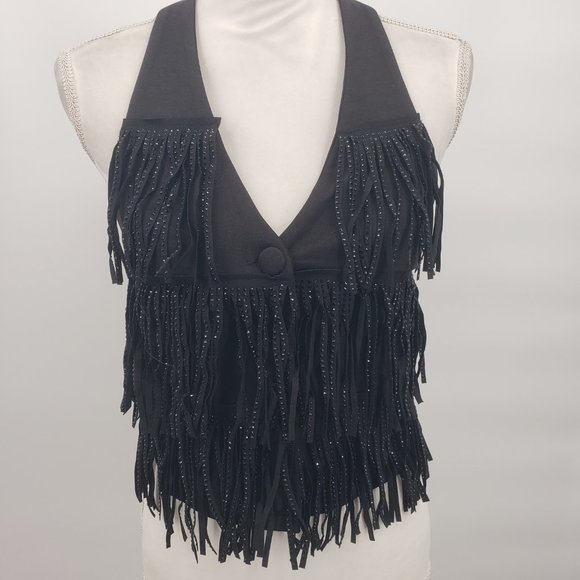 NYLON APPAREL Sparkle Fringe Button Front Western Chacha Halter Top NWT - Picture 5 of 10